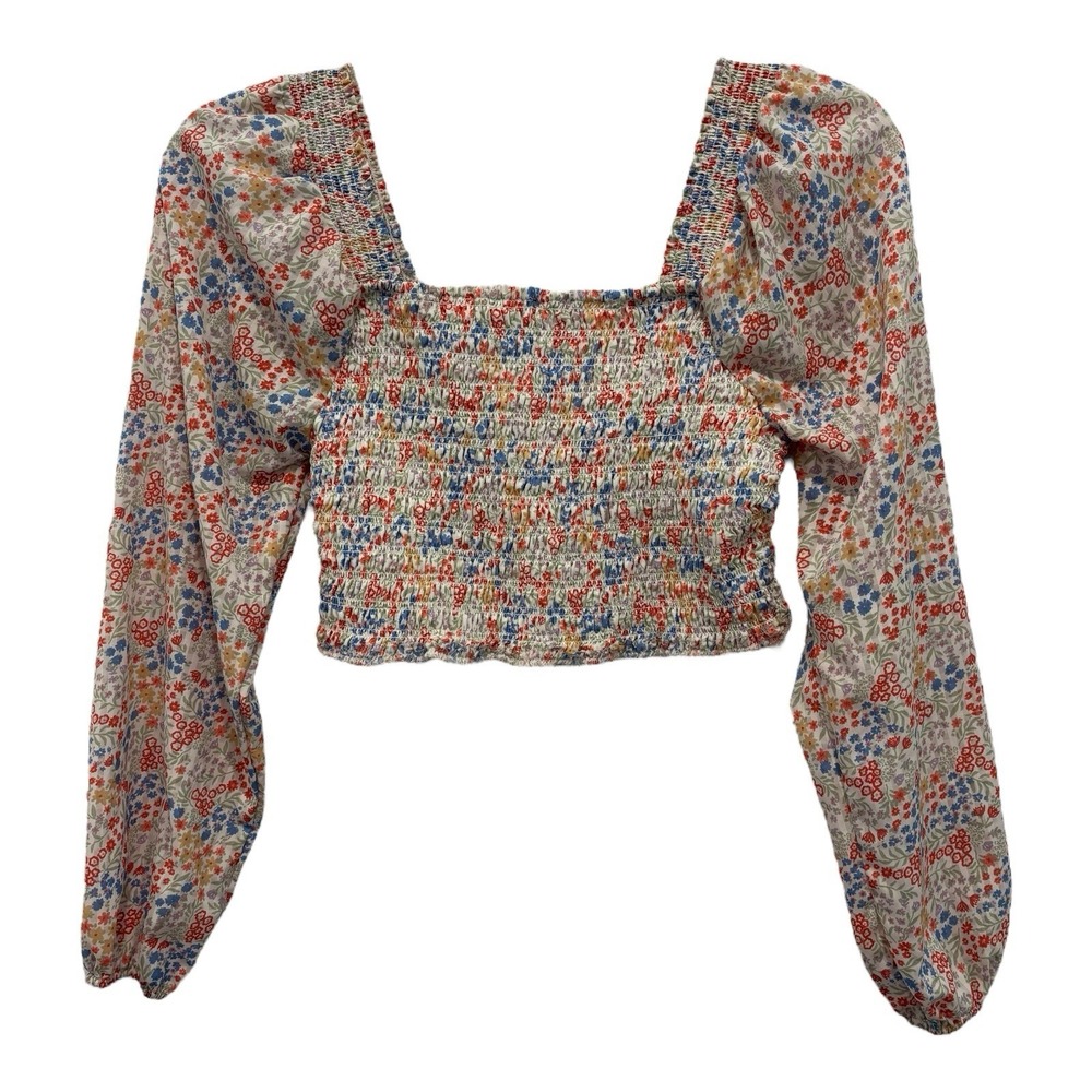 Japna Crop Top Womens Medium Multicolor Ditsy Floral Smocked Summer Vacay Boho